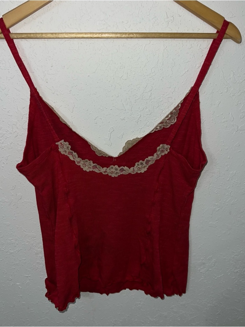 Free People Red Ribbed Lace Trim Oh My Darling Tank Top Size Medium. - Picture 7 of 8